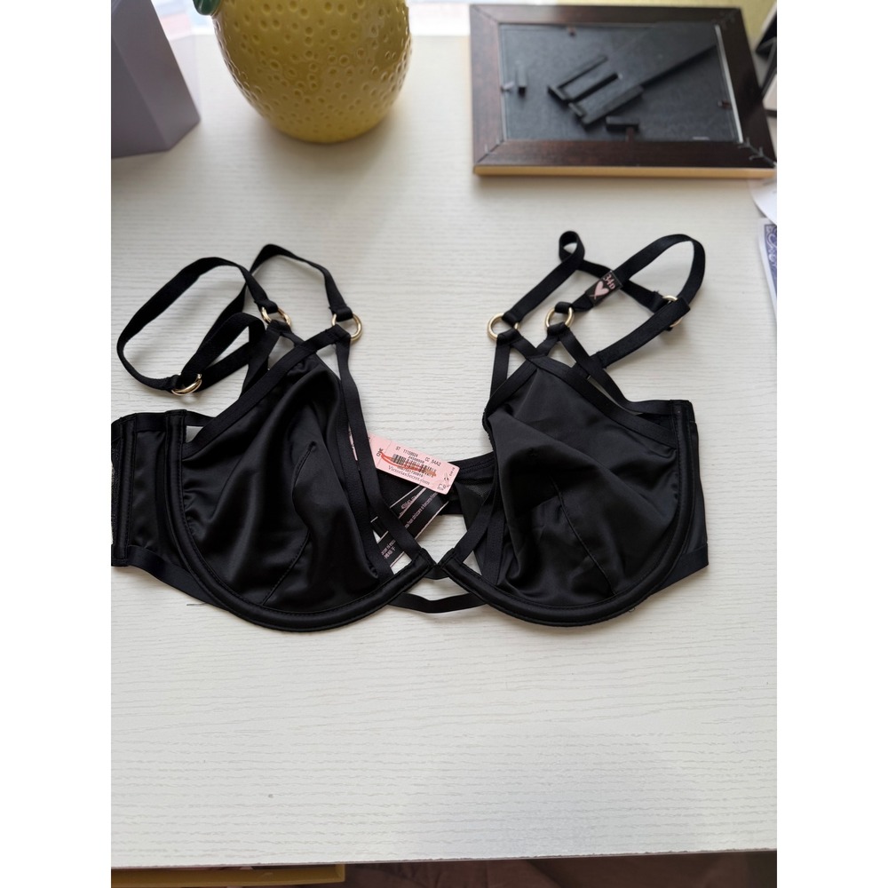 NWT Victoria's Secret Black Unlined Bra Gold Hardware Cage Strap 34D - Picture 2 of 4